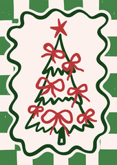 Whimsical Christmas vector card. Vintage retro holidays print design with Christmas tree illustration in coquette frame on checkered background