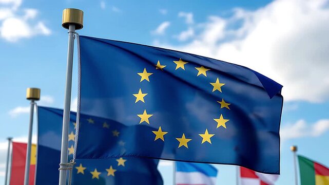 European Union Flag Waving in the Wind with Other Flags Blurred Behind stars Generated with Ai