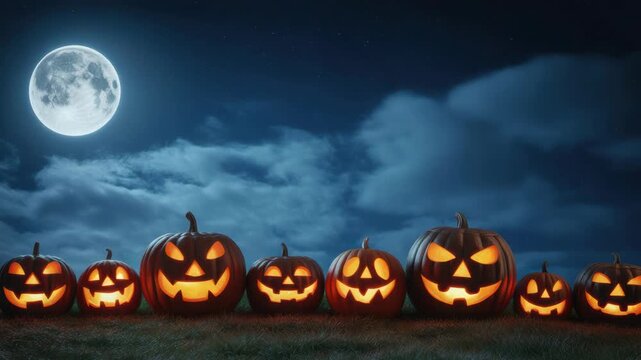 Glowing carved pumpkin jack o lanterns under full moon with spooky clouds glowing night