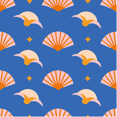 Colorful pattern design featuring fans and birds on a blue background