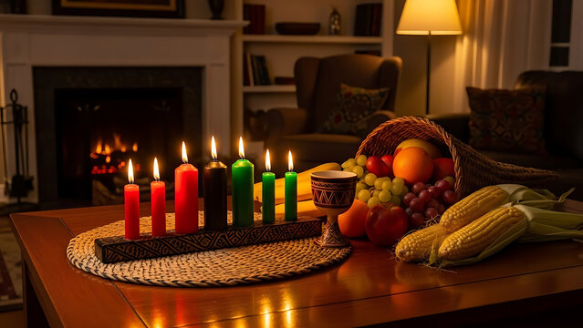 Candles with fruits for Kwanzaa celebration on table in living room.png cinematic lighting with rich color contrast, refined texture, balanced composi