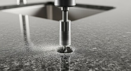 Detailed shot of a drill bit cutting through a granite surface forming a hole for an airswitch button used in disposal systems.