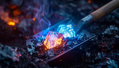 Glow of Extraction: Capturing the mesmerizing beauty of heated coal on a shovel, this image presents the essence of industry and labor.