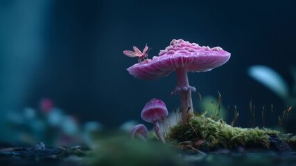 Pink mushroom and tiny insect in a forest environment with soft lighting