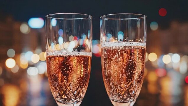 Elegant champagne flutes with sparkling bubbles against a vibrant city lights bokeh background