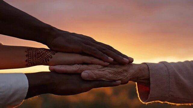 Diverse hands together in unity at sunset - Powered by Adobe