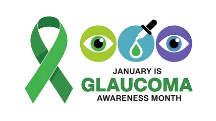 The image depicts glaucoma awareness shown with a green ribbon stylized eyes a dropper and text indicating january is glaucoma awareness month
