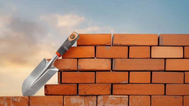 Trowel resting on brick wall at sunset tool construction garden wall sunset warm calm texture