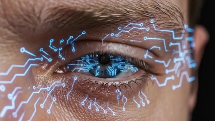 A close-up of a human eye with digital circuitry overlay, symbolizing advanced biometric scanning technology. - Powered by Adobe