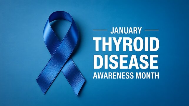 A striking blue ribbon lies elegantly upon a deep blue background accompanied by text declaring january as thyroid disease awareness month