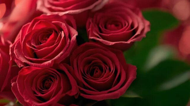Red rose bouquet closeup with soft bokeh lighting romantic mood and velvet petals