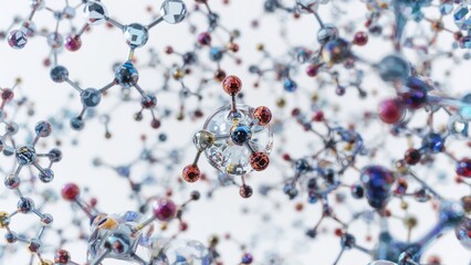 Molecules Floating in Space, Interconnected Molecular Structure on White Background
