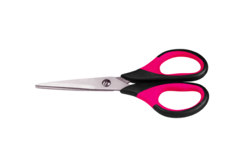 Vibrant Pink and Black Handled Scissors with Sharp Stainless Steel Blades Isolated on Transparent Background.