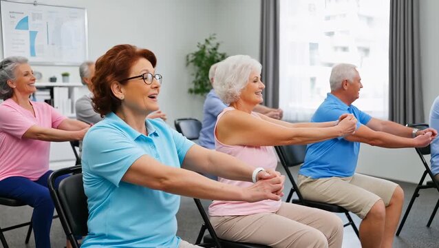 Senior Adults Participating in Group Exercise Class for Wellness and Fitness