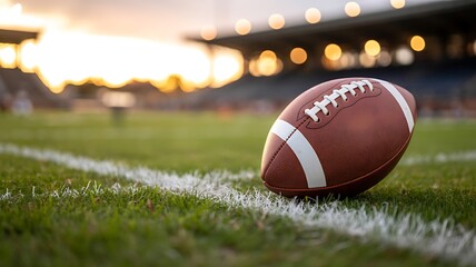 A focused shot of an american football resting on a vibrant green field with stadium seating visible in the background at sunset