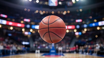 a focused shot of a basketball in mid air within a blurred stadium setting showcasing the sport s dynamic energy and competitive atmosphere