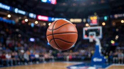 A vibrant basketball hangs suspended in mid air focused sharply against a blurred arena background filled with excited spectators and a hoop