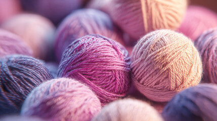 A beautiful collection of soft woolen yarn balls in a palette of pastel purple pink and lilac colors arranged in a cluster with a shallow depth of field and soft natural morning light photography.
