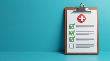 a wooden clipboard displaying a health checklist with several items marked as complete set against a vibrant teal background and minimal setting