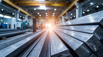 Fototapeta premium a wide angle view of a large industrial factory showcasing rows of stacked metal bars and bright lighting high quality professional