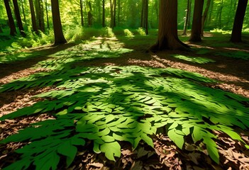 Sunlight filters through tall trees onto a carpet of oversized green leaves in a forest. 