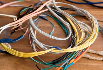 Close up view of multicolored cables and wires knotted together on a rustic wooden surface.