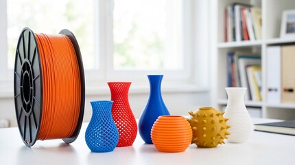 a vibrant display of 3d printed objects and filament showcasing the potential of additive manufacturing in a home studio setting