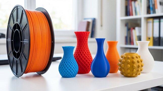 A vibrant display of 3d printed vases in various colors and textures alongside an orange filament spool is showcased on a white surface