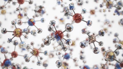 Molecules Floating in Space, Interconnected Molecular Structure on White Background