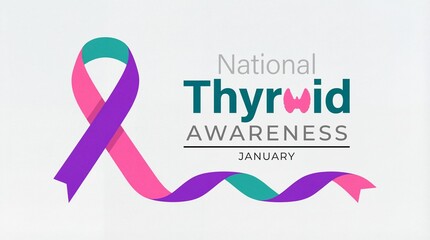 An illustration displays a ribbon in shades of pink and teal coupled with text promoting national thyroid awareness for the month of january