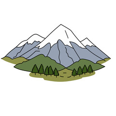 Vector illustration of a snowy Mountain landscape in Japan featuring a peaceful lake and volcano peak under a clear sky during winter