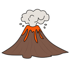 Vector illustration of a bride in an elegant wedding gown standing atop a stylized volcano amidst clouds, featuring a fashion silhouette with floral design art