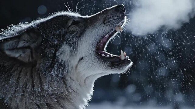 Ultra slow motion extreme close-up of a large gray wolf's muzzle and breath condensation rising dramatically as it releases a powerful midnight howl dramatic, extreme close-up, wilderness