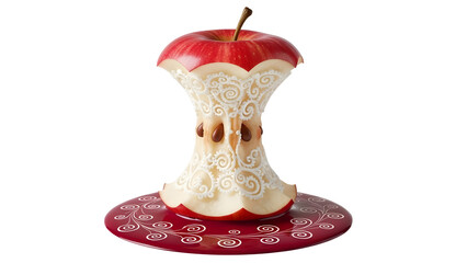 a strikingly detailed image showcasing a partially eaten red apple with intricate carvings on the remaining flesh resting on a red base on transparent background