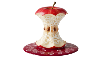 a strikingly detailed image showcasing a partially eaten red apple with intricate carvings on the remaining flesh resting on a red base on transparent background
