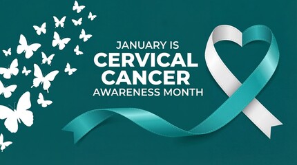 A teal ribbon formed into a heart shape alongside fluttering butterflies announces january as cervical cancer awareness month promoting health