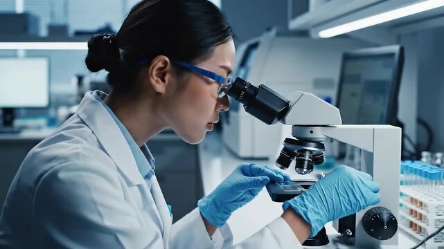 Scientist examining specimen through microscope in laboratory setting with protective gear