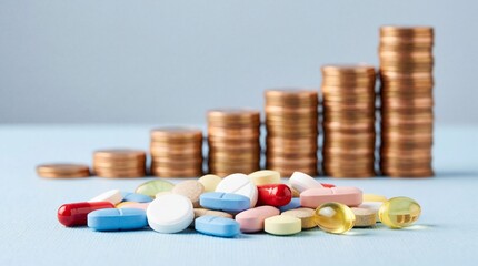A visual representation showcasing a growth trend using stacked coins alongside various pharmaceutical pills and capsules high quality professional detailed modern