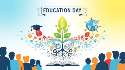 Fototapeta premium Celebrating Education Day with Diverse Learners and Growth Symbols in a Vibrant Illustration