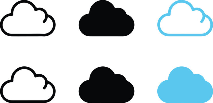 Six cloud icons showing outline solid and colored shapes for storage