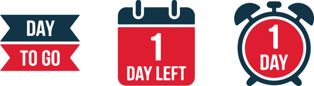 Countdown graphics showing one day left for events or deadlines notice