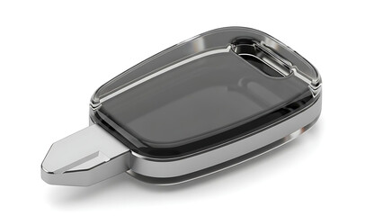 Modern car key fob with metallic trim and glossy black finish, isolated on a white background