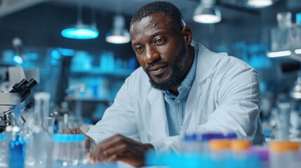 Medium shot of a scientist examining a composite material sample for beryllium replacement in a modern lab environment