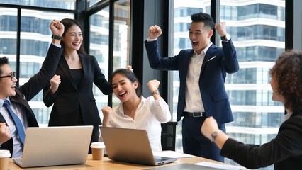 Excited Young Professionals Celebrating Success in Modern Office Setting