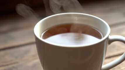 Warm steam gently rises from a comforting hot cup of freshly brewed tea, creating a serene and cozy atmosphere for a slow, relaxing moment