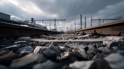 Low-angle view of train tracks disappearing into the distance under a cloudy sky