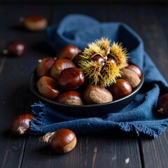 Schale mit frisch geernteten Maronen auf einem rustikalen Holztisch