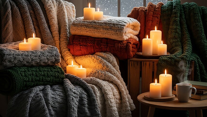 Warm and cozy winter evening with glowing candles, knitted blankets, and snowy window