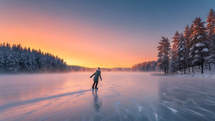 Solo Ice Skater on a Misty Frozen Lake at Sunset, Winter Forest Landscape