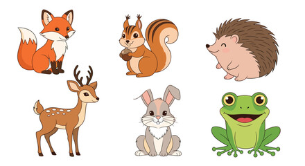 Obraz premium Collection of cute woodland animal characters including fox, squirrel, hedgehog, deer, rabbit, and frog, perfect for children projects.